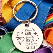 1pc Christian Keychain, Blessed By God And Loved By Jesus Scripture Engraved, Heart Cross Butterfly Faith Pendant Gift, Suitable For Christmas, Thanksgiving, Birthday - A - View 3