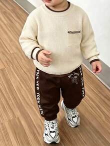 Boys' Preppy Colorblock Plaid Crew Neck Knit Sweater Pullover, Suitable For School Daily Wear In Spring, Autumn And Winter - Apricot - View 2