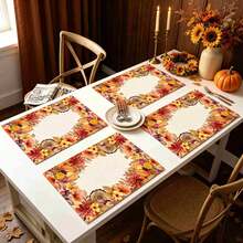 1/4/6pcs Autumn Series Autumn Floral Wreath Border Pumpkin Pattern Printed Placemats, Heat-Resistant Table Mats For Home Kitchen, Table Protection, Kitchen Dining Table, Party Scene Decoration - Multicolor - View 3