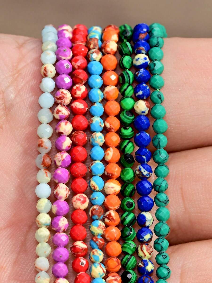 Yumfeel 3mm Multicolor Faceted Imperial Stone Shoushan Stone Small Beads, Length 38cm/15 Inches, Approx 120-125pcs Malachite Mini Spacer Beads, For DIY Necklace Bracelet Ring, Jewelry Making Material Beads