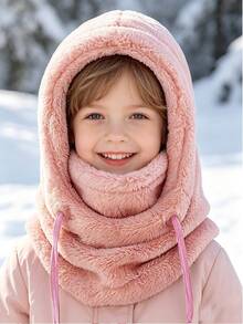 1/2pcs Kids Plush Balaclava Hood, Adjustable Drawstring, Multiple Soft Colors, Winter Outdoor Warmth, Suitable For Skiing, School And Snow Play - Multicolor - View 3