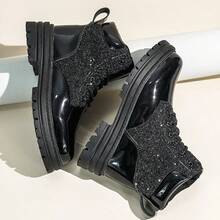 Fashion Sequin Patchwork Thick Sole Lace-Up Short Boots, Women's Party Street Style Ankle Boots - Black - View 3