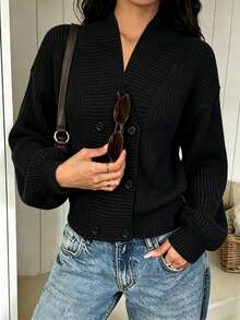 Autumn/Winter Design Stand Collar Button Front Cardigan, Elegant Casual Style Lantern Sleeve Loose Fit Versatile Knit Sweater Jacket - Black - View 4
