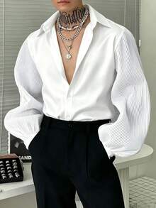 Men's Pleated Sleeve Loose Casual Party Shirt, Medieval Style - White - View 2