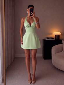 ADYCE Elegant Thin Strap V-Neck High Waist Open Back Cross Tie Short Party Dress For Prom Birthday Party Evening Date Christmas Party Wedding Guest Fall - Pastel Green - View 3