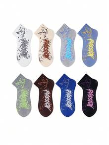 ZUJO 5 Pairs Men's Sports Short Socks, Letter Pattern, Casual Minimalist Breathable, Suitable For All Seasons, Slightly Thick, Suitable For Home Leisure Sports, Random Color Shipping - Multicolor - View 5