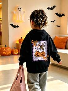 Girls' Halloween Pattern Hooded Sweatshirt, Cute Pumpkin Bow Skull Bat Spider Web Print Long Sleeve Pullover Sweatshirt, Suitable For Autumn Daily Wear - Black - View 8