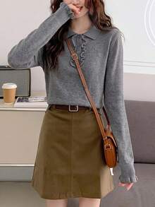 Autumn New Korean Style Square Shoulder Polo Shirt Button Long Sleeve Minimalist Versatile Knit Top - Grey - View 4