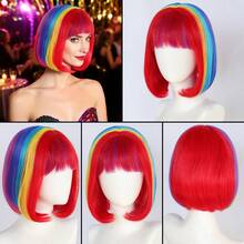 Multi‑Color Rainbow Short Straight Bob Synthetic Costume Wig For Women, Full Flat Bangs Sleek Bob Hair Wig, Multiple Color Choices, Perfect For Halloween, Carnival, Disco Party, Cosplay Role‑Play Dress‑Up Hair Accessory - Multicolor - View 16