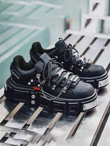 GAISIMA Premium New Dad Style Metallic Punk Men's Height-Increasing Thick Sole Fashionable Big Toe Derby Shoes Colorblock Casual Shoes - Black - View 3