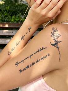 Herbal Juice Semi-Permanent Magic Tattoo Sticker - Floral Crescent Moon & English Phrase Pattern, 14 Days Non-Fading DIY Shoulder Neck Collarbone Wrist Ankle Festival Party Gift Body Tattoo Stickers 1pc/Pack - Blue - View 2