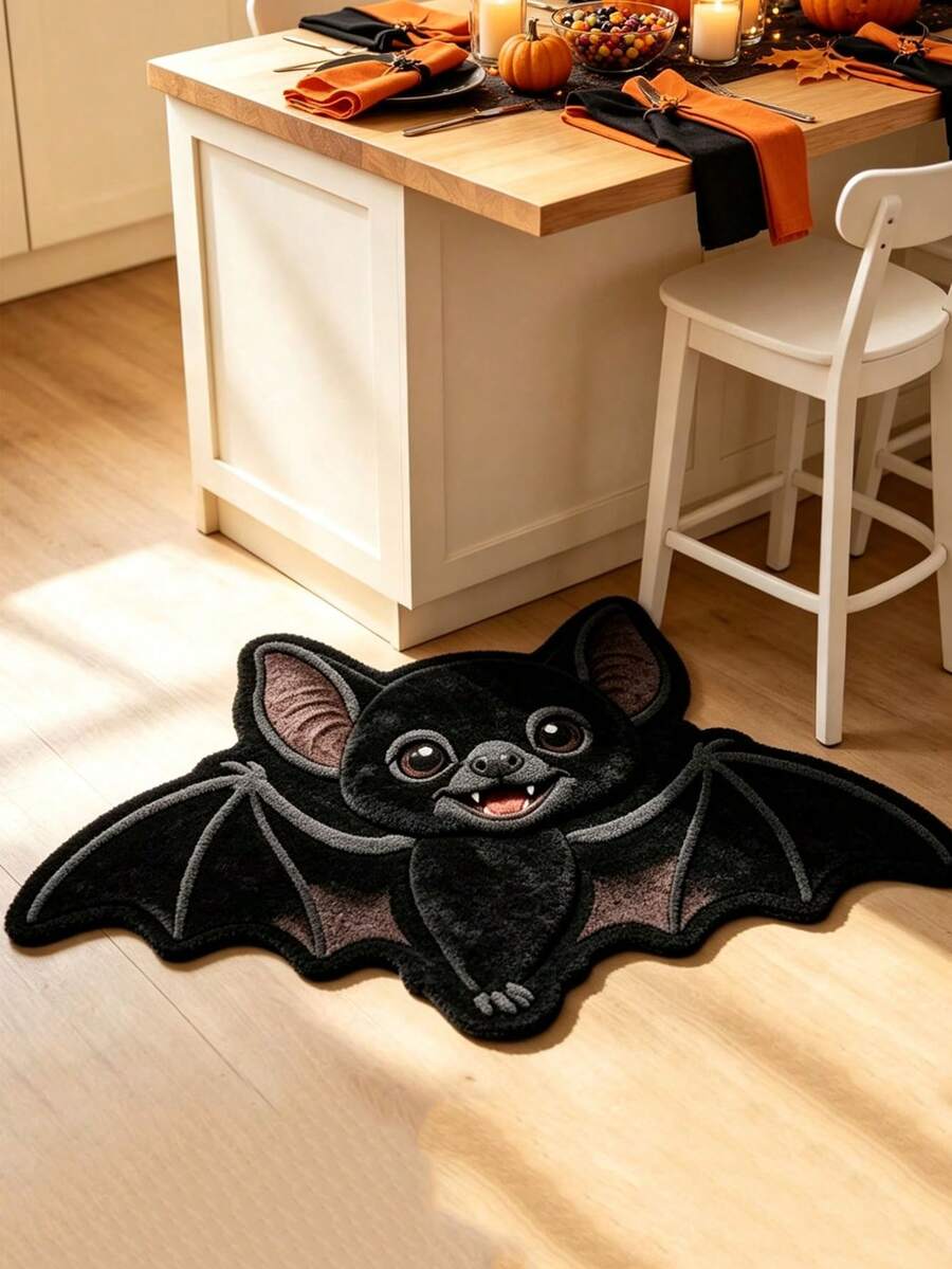 1pc Halloween Black Cartoon Bat Rug, Suitable For Halloween Party, Living Room, Kitchen, Bathroom, Bedroom, Balcony And Windowsill Decoration, Horror Theme Events, Trick Or Treat, Day Of The Dead - One Size Fits All - View 1