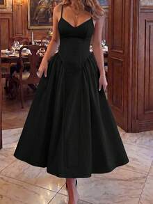 Unadoll Women's Autumn Black Spaghetti Strap Midi Dress, V-Neck Tie Back Open Back A-Line Skirt, Suitable For Birthday Party, Autumn Date Night - Black - View 9
