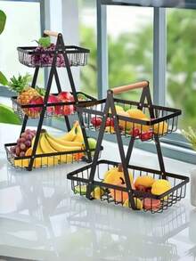 1pc Modern Metal Hanging Fruit & Vegetable Basket With Wooden Handle, Kitchen Spice Rack, Suitable For Kitchen Organization And Storage, Dining Room Fruit, Vegetable, Bread, Snack Storage, Living Room/Bedroom Iron Art Table Fruit & Snack Storage Rack, Perfect For Valentine's Day, New Year, Father's Day, Mother's Day, Halloween, Christmas, Back To School - Multicolor - View 4
