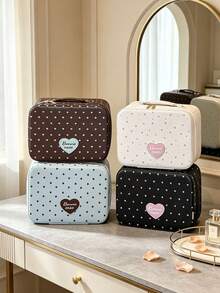 3pcs/1 Pc Polka‑Dot Heart Cosmetic Case, Vintage Sweet Style R Rectangular Shape, Double Zipper Compartment Portable Storage Makeup Bag, For Travel Daily Weekend Getaway - Multicolor - View 5
