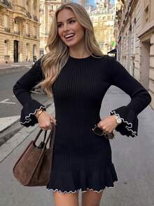 Autumn/Winter Casual Ruffle Knit Dress - Black - View 1