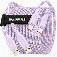 2入 Krtlhe 65W USB 轉 Type-C 軟矽膠超快充傳輸線 通用高功率充電線 3A USB-C 線 相容於華為 - 淡紫色 - 查看 2