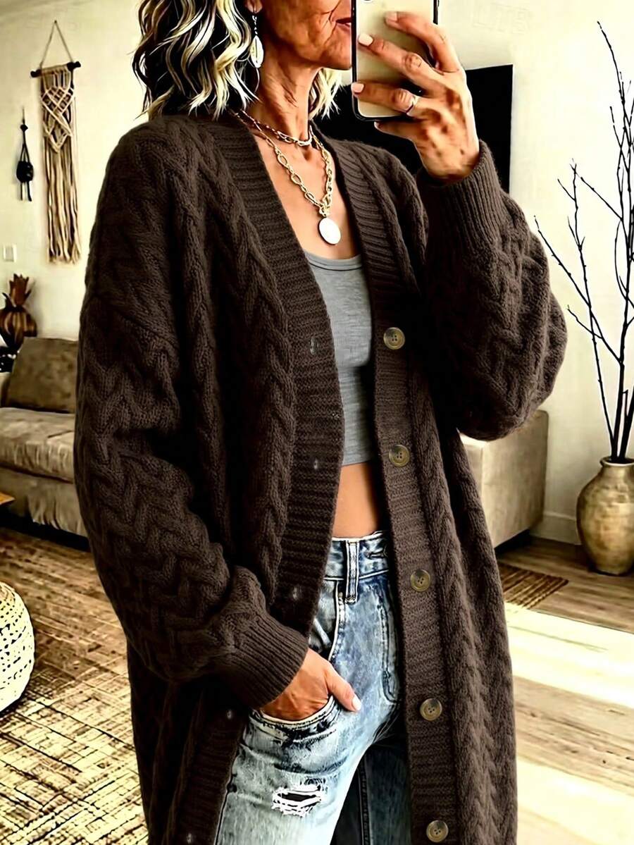 NZZOF Women's Solid Color V-Neck Long Knit Cardigan Single-Breasted Casual Loose Sweater Jacket - Coffee Brown - View 1