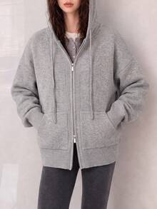 Women's Autumn/Winter Elegant Minimalist Casual Hooded Cardigan Jacket - Light Grey - View 4