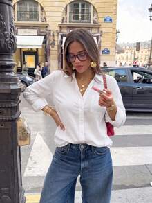 Women's Solid White Shirt, Collared Long Sleeve Button Front Pocket Blouse For Business, Office, Commute, Home, Holiday, Spring Fall Winter - White - View 1