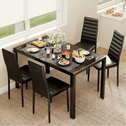 Juego de mesa de comedor de cocina para 4, vidrio templado de 5 piezas - Muebles modernos de cuero PU negro para comedor, juego de mesa y sillas que ahorra espacio para el hogar, cocina, sala de estar, comedor
