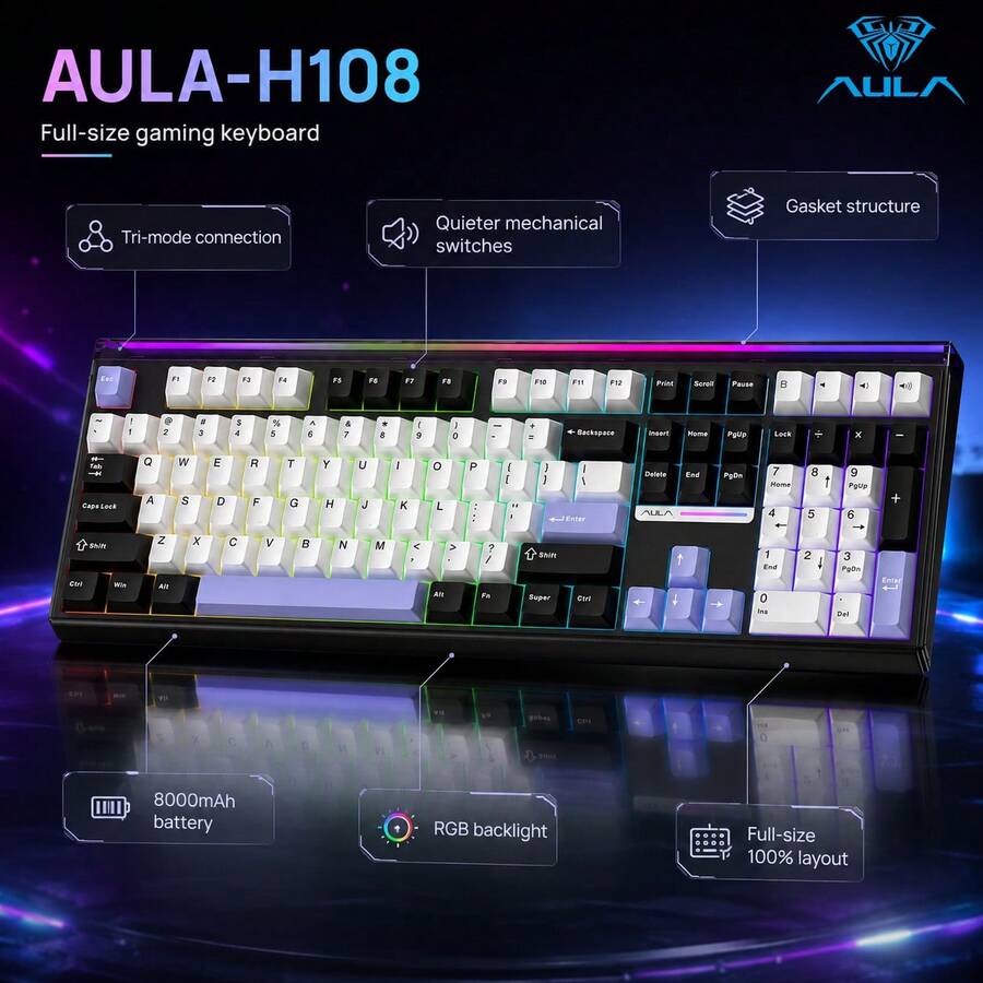 AULA H108 Mechanical Keyboard 108 Keys Hot‑Swap RGB Backlit Quiet Silent Gaming Keyboard For PC Laptop
