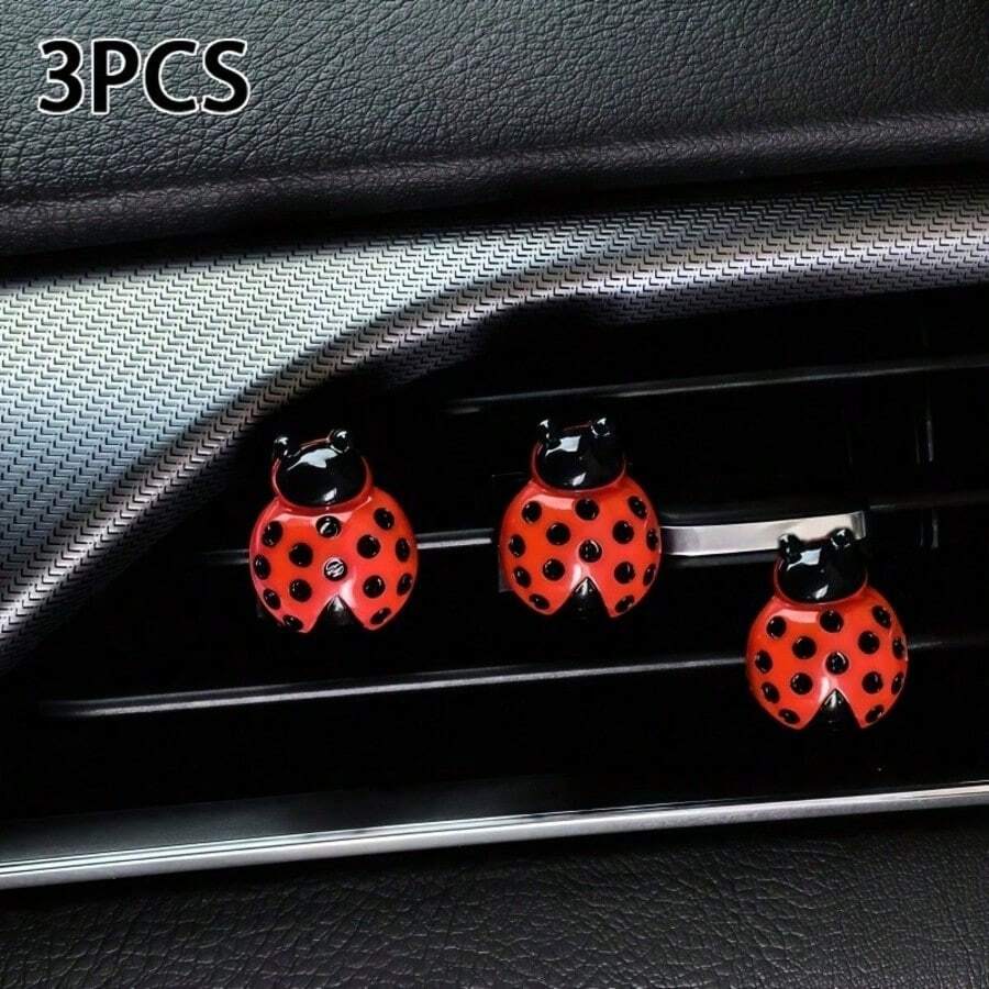 3Pcs Cute Glossy Lacquer Ladybug Vent Clip Set For Car Air Conditioner Outlet, Mini Cartoon Beetle Decor Clips, Fresh Style Dashboard Peripheral Decoration - Ladybug - View 1