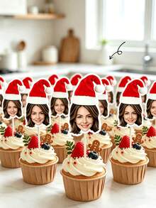 Personalized Photo Cupcake Toppers With Santa Hat, Customized Face Cake Toppers, Fun Christmas Cupcake Decorations, Suitable For Christmas Parties, Cakes, Muffins, Donuts, Home Celebrations And Christmas Gifts - Christmas Edition - View 4