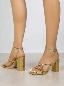 Women's Gold Square Toe Open Toe Chunky Heel High Heels, Versatile Comfortable Elegant Simple Chic Daily Commute Shoes, Height-Enhancing Leg-Lengthening - Gold - View 5