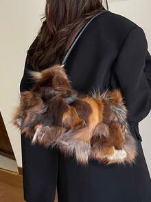 Women's Soft Fluffy Faux Fur Underarm Shoulder Bag, Metal Buckle Strap, Zipper Closure, Vintage Lazy Maillard Style, Brown Atmospheric Bag, Suitable For Shopping, Dating, Commuting And Daily Wear, Multifunctional Fashion Accessory - Brown - View 4