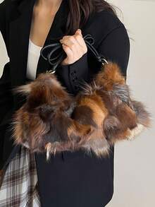 Women's Soft Fluffy Faux Fur Underarm Shoulder Bag, Metal Buckle Strap, Zipper Closure, Vintage Lazy Maillard Style, Brown Atmospheric Bag, Suitable For Shopping, Dating, Commuting And Daily Wear, Multifunctional Fashion Accessory - Brown - View 2
