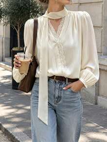 Women's Elegant Satin Blouse Lace Splice V Neck Bow Tie Neck Puff Sleeve French Style  - Beige - View 7