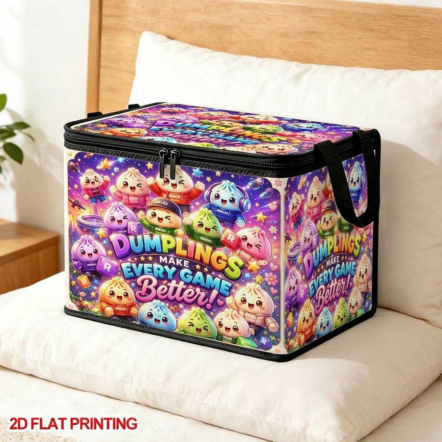 1pc Foldable Zipper Storage Bin With Handles, 2D Flat Printing Cute Gaming Cartoon Dumplings Print Large Capacity Dust‑Proof Fabric Storage Box For Bedroom Closet Toys Clothes Organizer