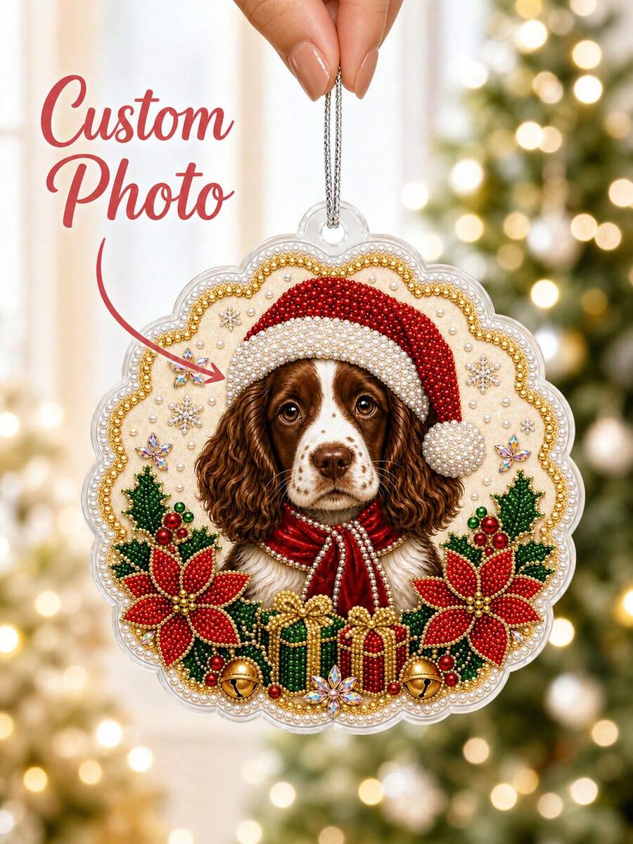 1pc Personalized Custom Pet Photo Christmas Ornament, DIY Pearl Diamond Painting Style Christmas Pendant, Custom Dog Cat Photo Christmas Tree Decoration, Pet Lover Holiday Memorial Gift