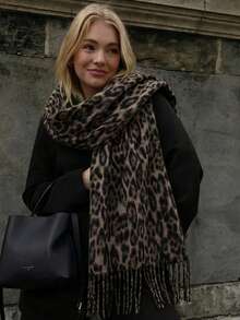 1pc Vintage Brown Leopard Print Faux Cashmere Tassel Oversized Scarf For Women, Autumn/Winter Thickened Long Shawl, - Leopard - View 5