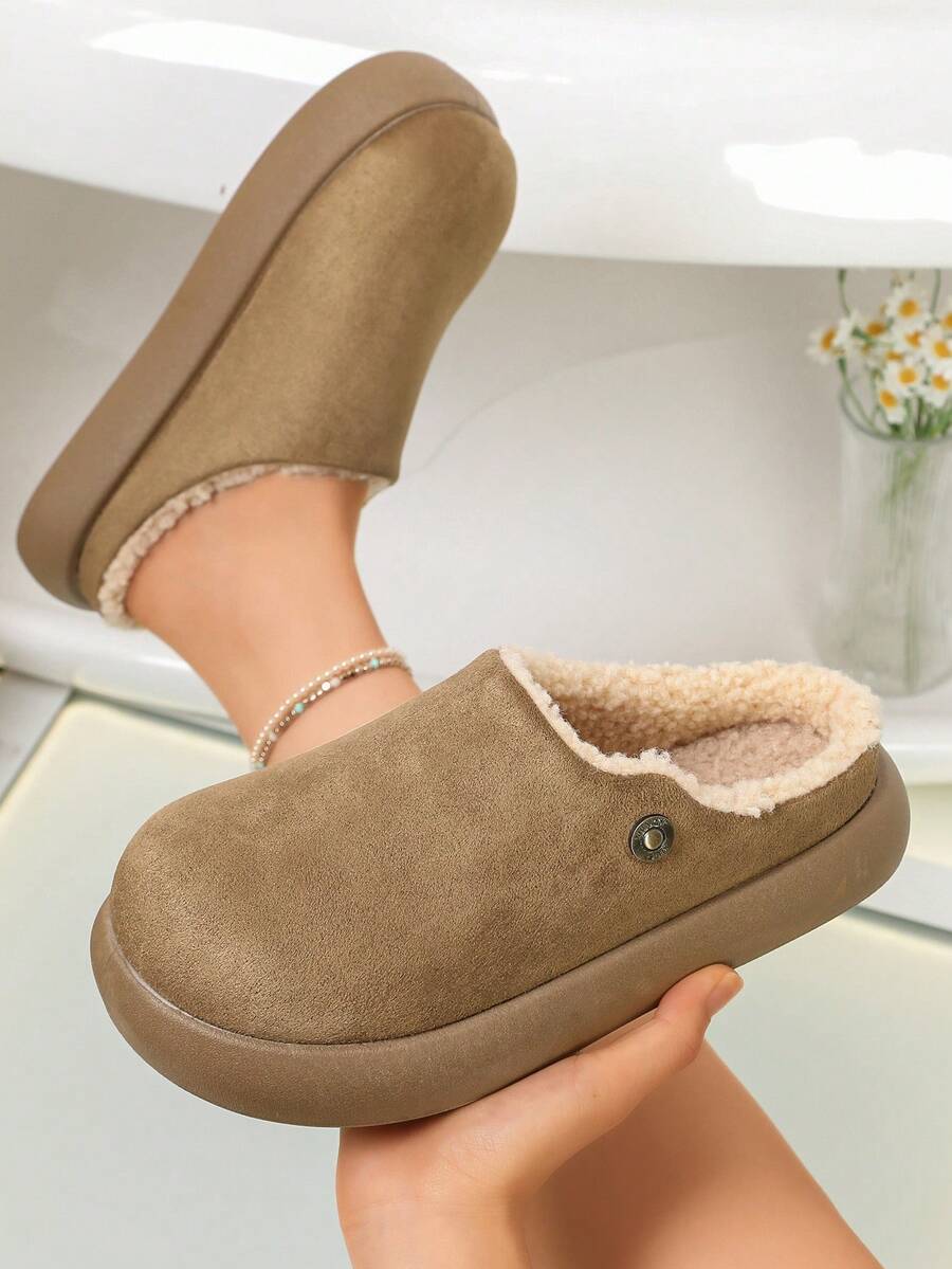 Sepatu bakiak musim dingin wanita model mule tanpa bagian belakang berbahan suede imitasi warna polos dengan lapisan bulu lembut. - Khaki - View 1