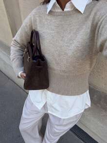 Women's Fashion Short Pullover Sweater Long Sleeve Knit Top With Cuffed Design Winter Outfit - Khaki - View 4
