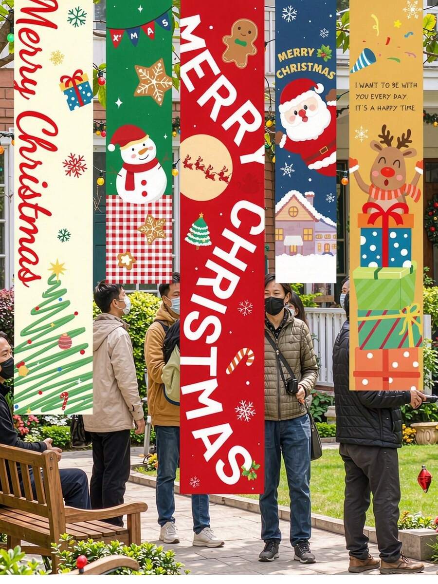 4 buah Spanduk Gantung Natal Berwarna-warni Bergambar Pohon Natal, Santa Claus, dan Peri, Hiasan Kain, Dekorasi Latar Belakang Jendela Toko, Pesta, Acara, Bendera Gantung, Dekorasi Pemandangan Pohon Natal - Hiasan dinding Natal - View 1