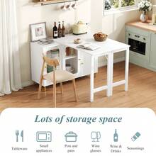 Bar Table,Multifunctional Dining & Bar Cabinet With Rotating Extendable Tabletop , Storage Cabinet With Glass Doors, For Dining Room/Kitchen/Living Room - White - View 6