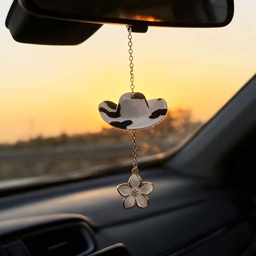 One Piece Of Car-Interior Floral Hat-Shaped Pendant, Used As A Car Hanging Decoration Accessory, Exquisite Craftsmanship And Compactness, Car Interior Accessory, Cow-Patterned Mini Denim Hat Car Pendant, Car Interior Decorative Pendant, Women's Gift - A - View 1