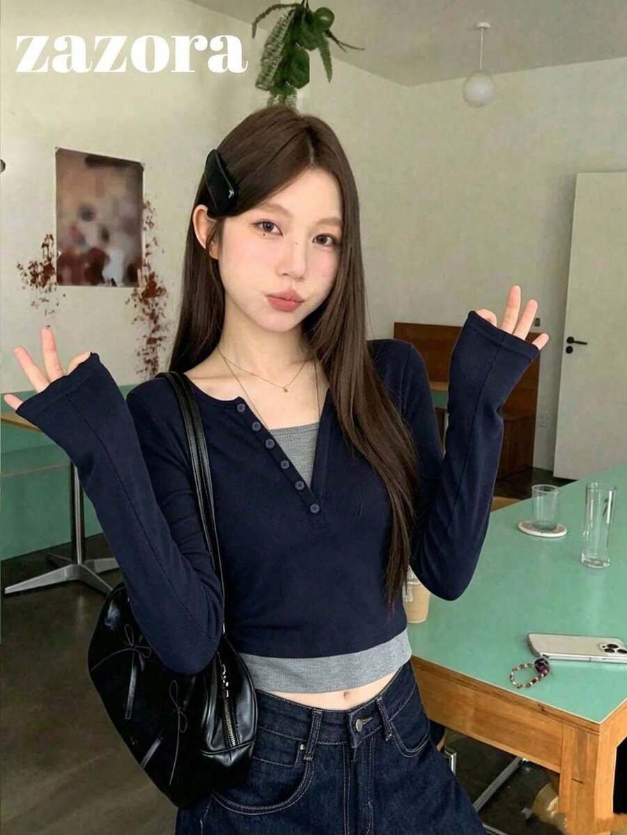 Contrast Color V-Neck 2-In-1 Women's Base Layer Top, Korean Style Slim Fit Long Sleeve T-Shirt, Niche Flattering Top - Blue - View 1