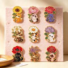 Cute Cat Flower Enamel Pins Set, Kitten Sunflower Rose Daisy Lavender Brooch, Cartoon Lapel Badges For Backpack Jacket Hat Decor, Lovely Jewelry Gift - Multicolor - View 3