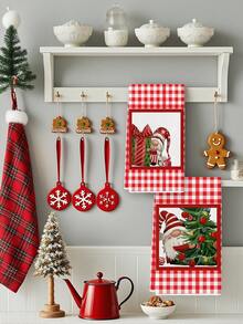 2pcs Christmas Gnome And Red Check Plaid Print Kitchen Towels, Festive Farmhouse Holiday Design Dish Cloths, Suitable For Kitchen Cleaning & Christmas Decor - Red - View 5
