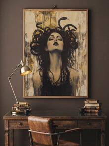 2D Flat Ancient Greek Mythology Medusa Canvas Wall Art With Wooden Frame, Vintage Style Mythological Snake-Haired Goddess Art Print, Stunning Unique Decor For Living Room, Dining Room, Home Office And Bedroom, Enhancing Mythological Atmosphere - D - View 1
