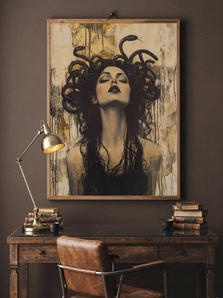 2D Flat Ancient Greek Mythology Medusa Canvas Wall Art With Wooden Frame, Vintage Style Mythological Snake-Haired Goddess Art Print, Stunning Unique Decor For Living Room, Dining Room, Home Office And Bedroom, Enhancing Mythological Atmosphere - D - View 1