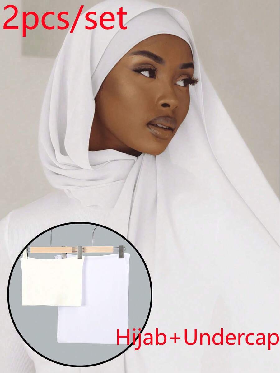 2PCS Women's Solid Color Chiffon Hijab With Matching Tube Cap Set, Comfortable Breathable Chiffon Headscarf And Premium Jersey Inner Cap, Muslim Daily Wear, Suitable For Work, Commute, Outing, Gathering, Evening Party, Prayer, All Season