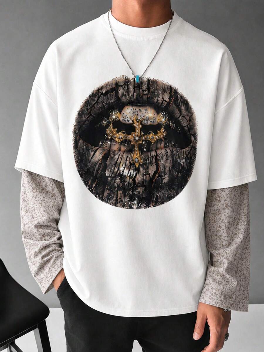 Zrgoth Men's 2-In-1 Long Sleeve T-Shirt, Split Lip Rhinestone Teeth Cross Print Crew Neck Loose Casual Hip Hop Streetwear Top - White - View 1