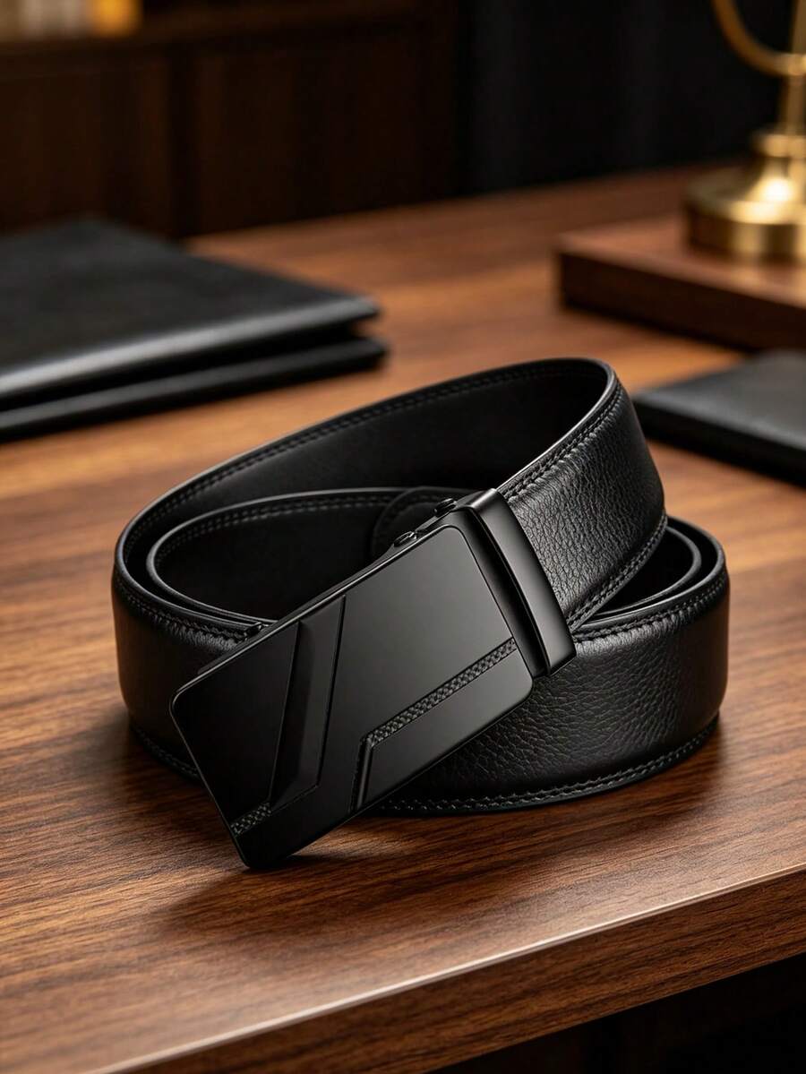 Men's Automatic Buckle Belt, Fashionable Casual Belt, Business Style Pants Accessories, Suitable For Outdoor And Daily Occasions - Black - View 1