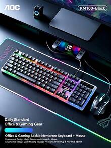 AOC Set keyboard dan mouse gaming KM100 Mouse gaming kelas profesional + keyboard mekanis Sistem lampu latar dinamis Desain ergonomis Plug and play tanpa driver Hitam - Hitam - View 10