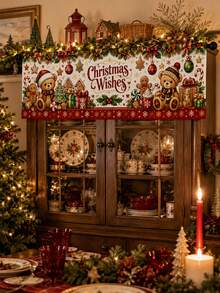 1pc Teddy Bear Gingerbread Christmas Wishes Window Valance, Cute Vintage Farmhouse Polyester Rectangular Rod Pocket Printed Short Curtain, Festive Kitchen Window Decor For Christmas Party Dining Room Winter Home - Multicolor - View 4